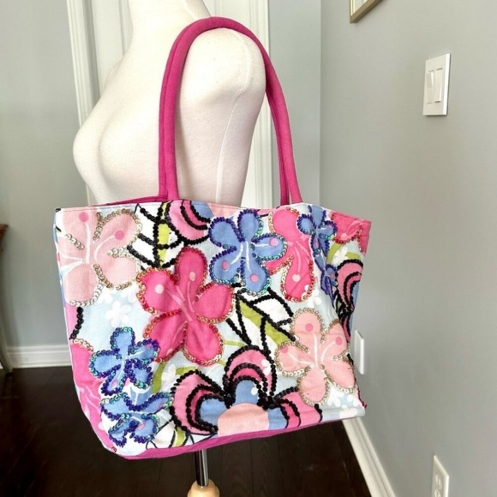Pink Floral Canvas Tote Shoulder Bag with Sequins